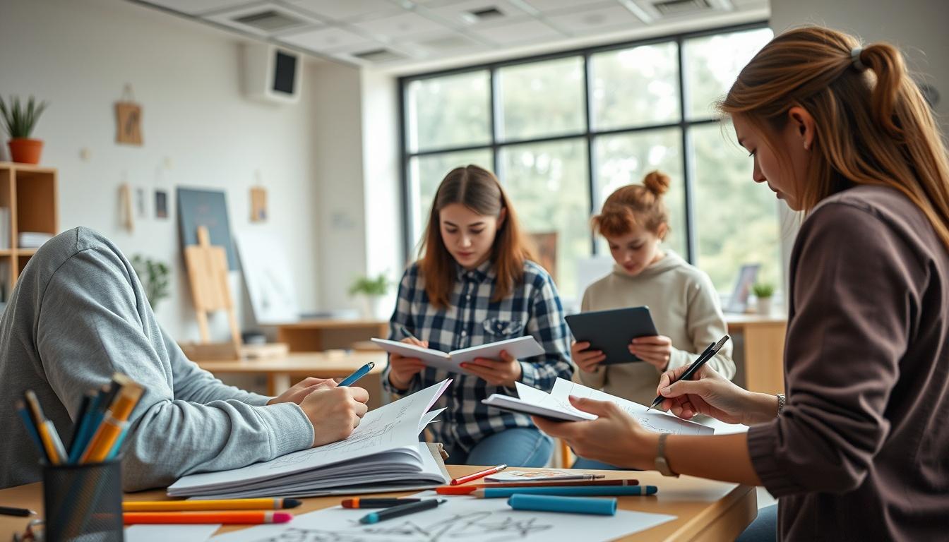 Students studying together in modern classroom